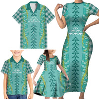 Teal Palaka Hawaii Iwa Bird Family Matching Short Sleeve Bodycon Dress and Hawaiian Shirt Hawaiian Kakau Jade Vine Lei LT14 - Polynesian Pride