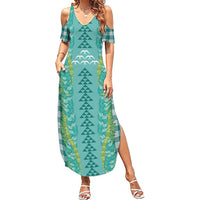 Teal Palaka Hawaii Iwa Bird Family Matching Summer Maxi Dress and Hawaiian Shirt Hawaiian Kakau Jade Vine Lei LT14 Mom's Dress Teal - Polynesian Pride