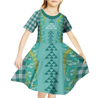 Teal Palaka Hawaii Iwa Bird Kid Short Sleeve Dress Hawaiian Kakau Jade Vine Lei LT14 - Polynesian Pride