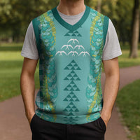 Teal Palaka Hawaii Iwa Bird Christmas Knitted V-Neck Vest Hawaiian Kakau Jade Vine Lei LT14 - Polynesian Pride