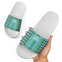 Teal Palaka Hawaii Iwa Bird Slide Sandals Hawaiian Kakau Jade Vine Lei - Polynesian Pride
