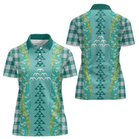 Teal Palaka Hawaii Iwa Bird Women Polo Shirt Hawaiian Kakau Jade Vine Lei LT14 - Polynesian Pride