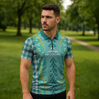 Teal Palaka Hawaii Iwa Bird Zipper Polo Shirt - Hawaiian Kakau Jade Vine Lei LT14 - Polynesian Pride