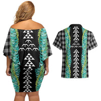 Black Palaka Hawaii Iwa Bird Couples Matching Off Shoulder Short Dress and Hawaiian Shirt Hawaiian Kakau Jade Vine Lei LT14 - Polynesian Pride