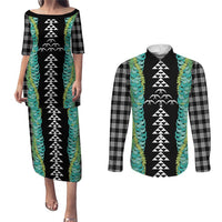 Black Palaka Hawaii Iwa Bird Couples Matching Puletasi and Long Sleeve Button Shirt Hawaiian Kakau Jade Vine Lei LT14 Black - Polynesian Pride