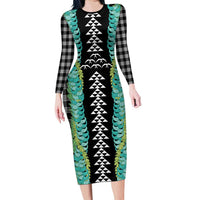 Black Palaka Hawaii Iwa Bird Family Matching Long Sleeve Bodycon Dress and Hawaiian Shirt Hawaiian Kakau Jade Vine Lei LT14 Mom's Dress Black - Polynesian Pride
