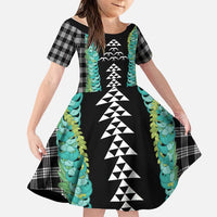 Black Palaka Hawaii Iwa Bird Family Matching Off Shoulder Short Dress and Hawaiian Shirt Hawaiian Kakau Jade Vine Lei LT14 Daughter's Dress Black - Polynesian Pride