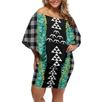 Black Palaka Hawaii Iwa Bird Off Shoulder Short Dress Hawaiian Kakau Jade Vine Lei LT14 Women Black - Polynesian Pride
