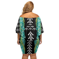 Black Palaka Hawaii Iwa Bird Off Shoulder Short Dress Hawaiian Kakau Jade Vine Lei LT14 - Polynesian Pride