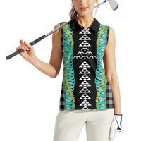 Black Palaka Hawaii Iwa Bird Women Sleeveless Polo Shirt Hawaiian Kakau Jade Vine Lei LT14 - Polynesian Pride