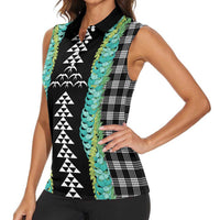 Black Palaka Hawaii Iwa Bird Women Sleeveless Polo Shirt Hawaiian Kakau Jade Vine Lei LT14 - Polynesian Pride