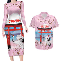 Japanese Torii Gate Cranes Personalised Couples Matching Long Sleeve Bodycon Dress and Hawaiian Shirt Fuji Mount Sakura Seigaiha Pattern LT14 Pink - Polynesian Pride