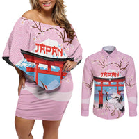 Japanese Torii Gate Cranes Personalised Couples Matching Off Shoulder Short Dress and Long Sleeve Button Shirt Fuji Mount Sakura Seigaiha Pattern
