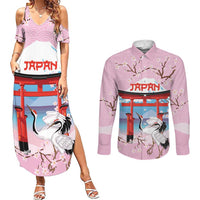 Japanese Torii Gate Cranes Personalised Couples Matching Summer Maxi Dress and Long Sleeve Button Shirt Fuji Mount Sakura Seigaiha Pattern