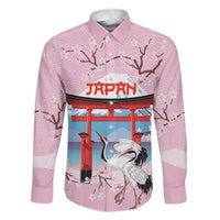 Japanese Torii Gate Cranes Personalised Family Matching Puletasi and Hawaiian Shirt Fuji Mount Sakura Seigaiha Pattern LT14 Dad's Shirt - Long Sleeve Pink - Polynesian Pride