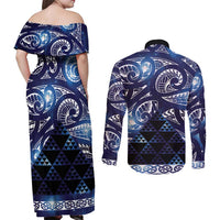 Matariki New Zealand Couples Matching Off Shoulder Maxi Dress and Long Sleeve Button Shirt NZ Niho Taniwha Maori New Year Blue Galaxy LT14 - Polynesian Pride