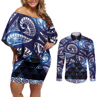 Matariki New Zealand Couples Matching Off Shoulder Short Dress and Long Sleeve Button Shirt NZ Niho Taniwha Maori New Year Blue Galaxy LT14 Blue - Polynesian Pride