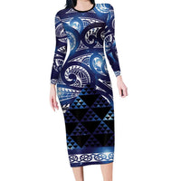 Matariki New Zealand Long Sleeve Bodycon Dress NZ Niho Taniwha Maori New Year Blue Galaxy LT14 Long Dress Blue - Polynesian Pride