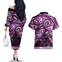Matariki New Zealand Couples Matching Off The Shoulder Long Sleeve Dress and Hawaiian Shirt NZ Niho Taniwha Maori New Year Purple Galaxy LT14 - Polynesian Pride