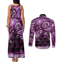 Matariki New Zealand Couples Matching Tank Maxi Dress and Long Sleeve Button Shirt NZ Niho Taniwha Maori New Year Purple Galaxy LT14 - Polynesian Pride