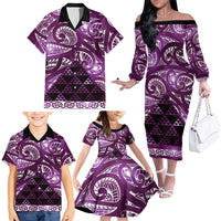Matariki New Zealand Family Matching Off The Shoulder Long Sleeve Dress and Hawaiian Shirt NZ Niho Taniwha Maori New Year Purple Galaxy LT14 - Polynesian Pride