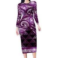 Matariki New Zealand Long Sleeve Bodycon Dress NZ Niho Taniwha Maori New Year Purple Galaxy LT14 Long Dress Purple - Polynesian Pride