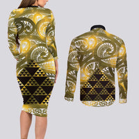Matariki New Zealand Couples Matching Long Sleeve Bodycon Dress and Long Sleeve Button Shirt NZ Niho Taniwha Maori New Year Yellow Galaxy LT14 - Polynesian Pride
