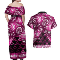 Matariki New Zealand Couples Matching Off Shoulder Maxi Dress and Hawaiian Shirt NZ Niho Taniwha Maori New Year Pink Galaxy LT14 - Polynesian Pride