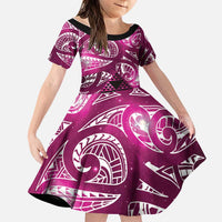 Matariki New Zealand Family Matching Off The Shoulder Long Sleeve Dress and Hawaiian Shirt NZ Niho Taniwha Maori New Year Pink Galaxy LT14 Daughter's Dress Pink - Polynesian Pride