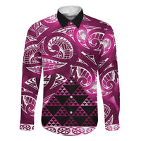 Matariki New Zealand Family Matching Off Shoulder Maxi Dress and Hawaiian Shirt NZ Niho Taniwha Maori New Year Pink Galaxy LT14 Dad's Shirt - Long Sleeve Pink - Polynesian Pride