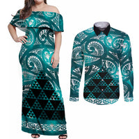Matariki New Zealand Couples Matching Off Shoulder Maxi Dress and Long Sleeve Button Shirt NZ Niho Taniwha Maori New Year Cyan Galaxy LT14 Cyan - Polynesian Pride