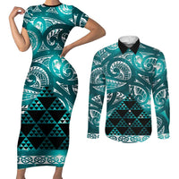 Matariki New Zealand Couples Matching Short Sleeve Bodycon Dress and Long Sleeve Button Shirt NZ Niho Taniwha Maori New Year Cyan Galaxy LT14 Cyan - Polynesian Pride