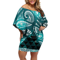 Matariki New Zealand Family Matching Off Shoulder Short Dress and Hawaiian Shirt NZ Niho Taniwha Maori New Year Cyan Galaxy LT14 Mom's Dress Cyan - Polynesian Pride