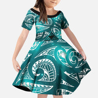 Matariki New Zealand Family Matching Puletasi and Hawaiian Shirt NZ Niho Taniwha Maori New Year Cyan Galaxy LT14 Daughter's Dress Cyan - Polynesian Pride