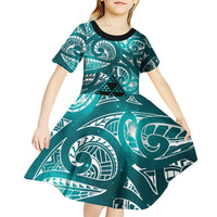 Matariki New Zealand Kid Short Sleeve Dress NZ Niho Taniwha Maori New Year Cyan Galaxy LT14 - Polynesian Pride