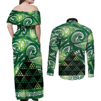 Matariki New Zealand Couples Matching Off Shoulder Maxi Dress and Long Sleeve Button Shirt NZ Niho Taniwha Maori New Year Green Galaxy LT14 - Polynesian Pride