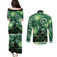 Matariki New Zealand Couples Matching Puletasi and Long Sleeve Button Shirt NZ Niho Taniwha Maori New Year Green Galaxy LT14 - Polynesian Pride