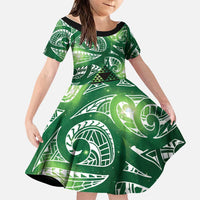 Matariki New Zealand Family Matching Off Shoulder Short Dress and Hawaiian Shirt NZ Niho Taniwha Maori New Year Green Galaxy LT14 Daughter's Dress Green - Polynesian Pride