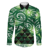 Matariki New Zealand Family Matching Summer Maxi Dress and Hawaiian Shirt NZ Niho Taniwha Maori New Year Green Galaxy LT14 Dad's Shirt - Long Sleeve Green - Polynesian Pride