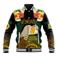 Vanuatu Triton's Trumpet Baseball Jacket Tropical Flowers Vanuatuan Map LT14 Unisex Black - Polynesian Pride