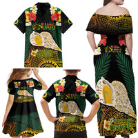 Vanuatu Triton's Trumpet Family Matching Off Shoulder Maxi Dress and Hawaiian Shirt Tropical Flowers Vanuatuan Map LT14 - Polynesian Pride