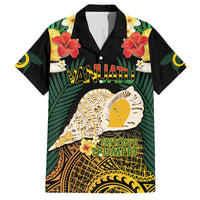 Vanuatu Triton's Trumpet Family Matching Off Shoulder Maxi Dress and Hawaiian Shirt Tropical Flowers Vanuatuan Map LT14 Dad's Shirt - Short Sleeve Black - Polynesian Pride