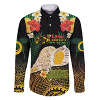 Vanuatu Triton's Trumpet Family Matching Short Sleeve Bodycon Dress and Hawaiian Shirt Tropical Flowers Vanuatuan Map LT14 Dad's Shirt - Long Sleeve Black - Polynesian Pride