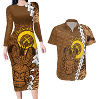Vanuatu Coconut Crab Couples Matching Long Sleeve Bodycon Dress and Hawaiian Shirt Ni-Van Tropical Leaves With Sand Drawing Art LT14 Brown - Polynesian Pride