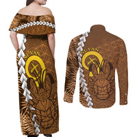 Vanuatu Coconut Crab Couples Matching Off Shoulder Maxi Dress and Long Sleeve Button Shirt Ni-Van Tropical Leaves With Sand Drawing Art LT14 - Polynesian Pride