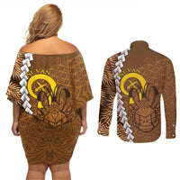 Vanuatu Coconut Crab Couples Matching Off Shoulder Short Dress and Long Sleeve Button Shirt Ni-Van Tropical Leaves With Sand Drawing Art LT14 - Polynesian Pride
