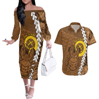 Vanuatu Coconut Crab Couples Matching Off The Shoulder Long Sleeve Dress and Hawaiian Shirt Ni-Van Tropical Leaves With Sand Drawing Art LT14 Brown - Polynesian Pride