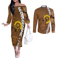 Vanuatu Coconut Crab Couples Matching Off The Shoulder Long Sleeve Dress and Long Sleeve Button Shirt Ni-Van Tropical Leaves With Sand Drawing Art LT14 Brown - Polynesian Pride