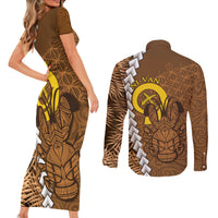Vanuatu Coconut Crab Couples Matching Short Sleeve Bodycon Dress and Long Sleeve Button Shirt Ni-Van Tropical Leaves With Sand Drawing Art LT14 - Polynesian Pride