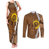 Vanuatu Coconut Crab Couples Matching Tank Maxi Dress and Long Sleeve Button Shirt Ni-Van Tropical Leaves With Sand Drawing Art LT14 Brown - Polynesian Pride